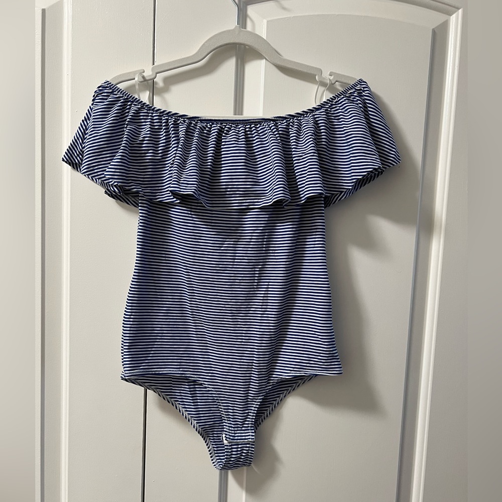 Jcrew blue and white striped bodysuit with ruffles